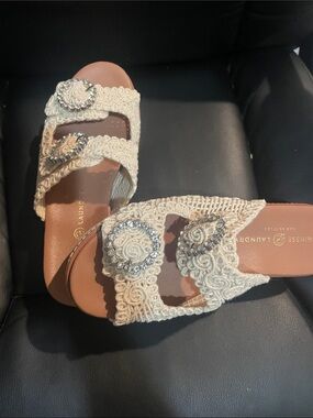 Chinese Laundry Cream Crochet Double-Strap Slide Sandals